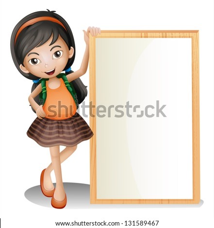 Illustration of a young lady beside an empty signboard on a white background