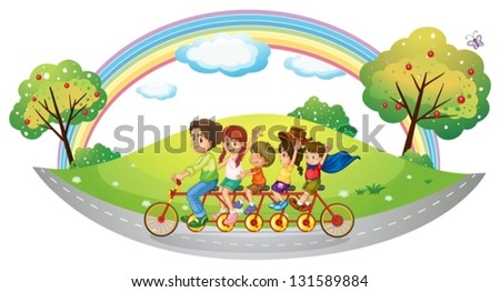 Illustration of the children riding in a bicycle on a white background