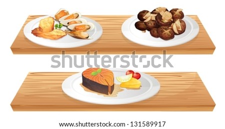 Assorted mixed foods on plates.