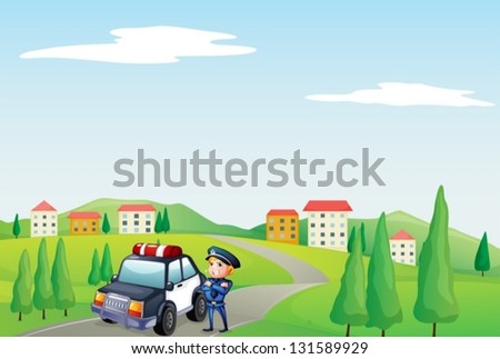 Illustration of a policeman and his patrol car at the street
