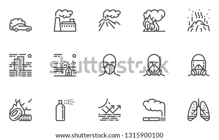 Air Pollution Vector Line Icons Set. Atmospheric Pollution. Natural, Transport, Industrial, Domestic Sources of Air Pollution. Volcanism, Forest Fires. Editable Stroke. 48x48 Pixel Perfect