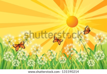 Illustration of a sunset scenery with butterflies