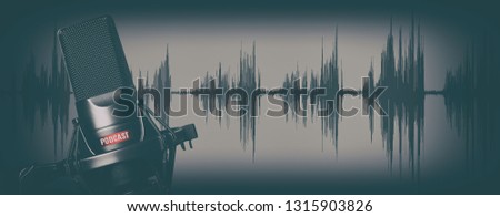 Retro style records podcasts concept. Professional condenser audio microphone Royalty-Free Stock Photo #1315903826