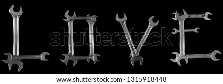 Banner, word in common use, letters composed of spanners-wrenches, each character is a single trait, then combined with this collage.