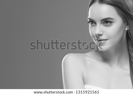 Monochrome woman hair beautiful face skin and long brunette hairstyle