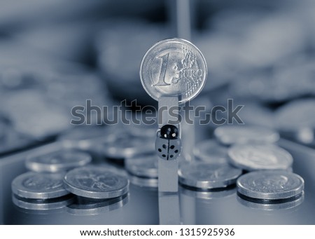 A euro coin bitten by a clip with a lucky ladybug, a background of mirrors, many other coins that rest, an interpretation of the monochromatic shot.