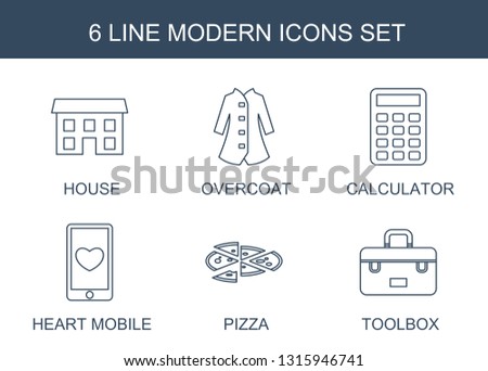 modern icons. Trendy 6 modern icons. Contain icons such as house, overcoat, calculator, heart mobile, pizza, toolbox. modern icon for web and mobile.