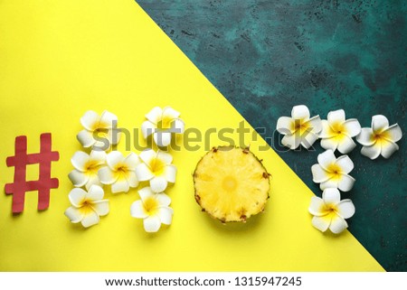 Creative composition with hashtag HOT on color background