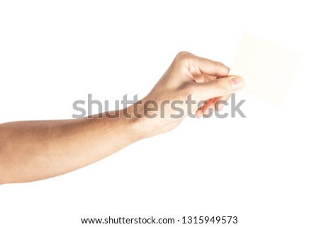 Hand hold virtual business card, credit card or blank paper isolated on white background with clipping path.
