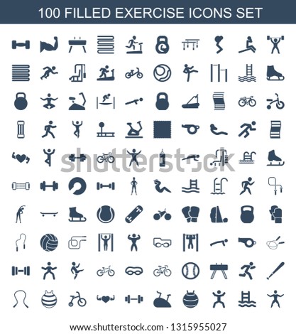 exercise icons. Trendy 100 exercise icons. Contain icons such as man doing exercises, swimming ladder, squat, fit ball, exercise bike, barbell. icon for web and mobile.