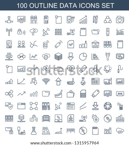data icons. Trendy 100 data icons. Contain icons such as cloud download upload, chart, memory card, CD, barcode, graph, binder, test tube, phone connection cable. data icon for web and mobile.