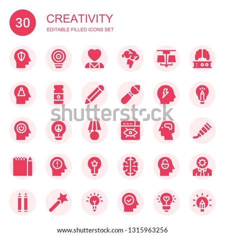 creativity icon set. Collection of 30 filled creativity icons included Mind, Idea, Mental health, Brainstorming, Lamp, Paint tube, Pencil, Brush, Brainstorm, Vision, Brain, Cognitive
