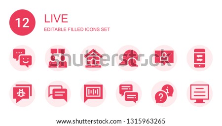 live icon set. Collection of 12 filled live icons included Chat, Chatting, Dog house, Blog