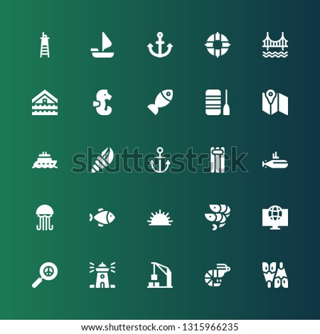 ocean icon set. Collection of 25 filled ocean icons included Flipper, Prawn, Harbor crane, Lighthouse, Pacifism, World, Shrimps, Sea urchin, Fish, Jellyfish, Submarine, Floating