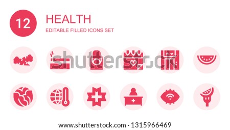 health icon set. Collection of 12 filled health icons included Carrot, Cigarette, Nails, Love, Lift, Cabbage, Thermometer, Pharmacist, Eye, Watermelon, Tomato