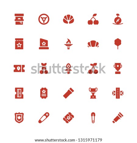 one icon set. Collection of 25 filled one icons included Flashlight, Safety pin, Ticket, Police badge, Gum, Trophy, Sharpener, Cherry, Torch, Cotton candy, Croissant, Unicycle