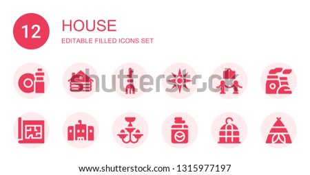 house icon set. Collection of 12 filled house icons included Washing dishes, Cabin, Broom, Navigation, Museum, Blueprint, School, Chandelier, Washing machine, Bird cage, Chimney