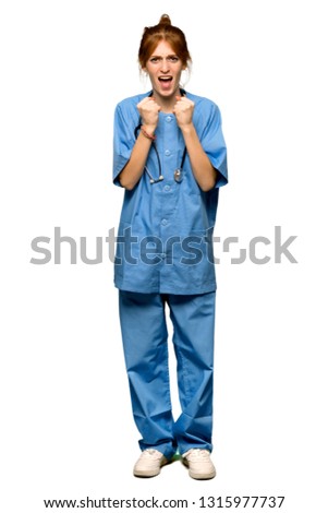 A full-length shot of a Young redhead nurse frustrated by a bad situation over isolated white background