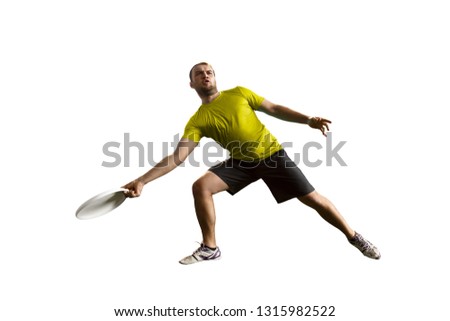 Sportsman play ultimate flying disc. One athlete give passes, isolated in white background