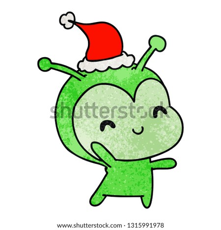 hand drawn christmas textured cartoon of kawaii alien