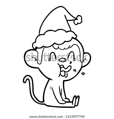 crazy hand drawn line drawing of a monkey sitting wearing santa hat