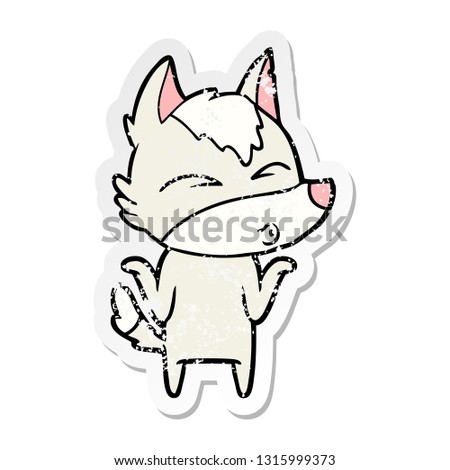 distressed sticker of a cartoon wolf shrugging shoulders