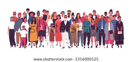 Diverse multiethnic or multinational group of people isolated on white background. Elderly and young men, women and kids standing together. Society or population. Flat cartoon vector illustration.