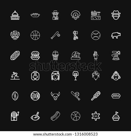 Editable 36 american icons for web and mobile. Set of american included icons line Hamburguer, Sheriff, Basketball, Hot dog, Rugby ball, Bingo, Hotdog, Baseball on black background