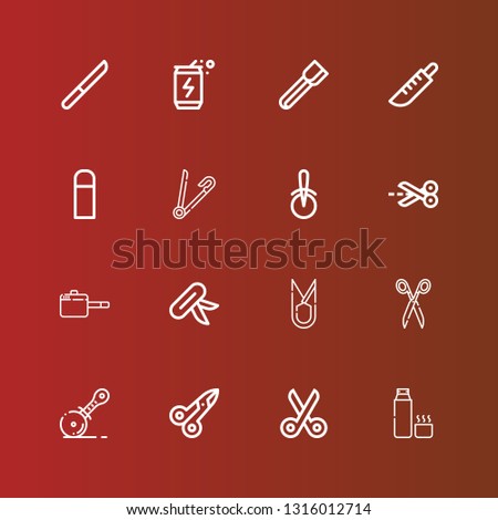 Editable 16 stainless icons for web and mobile. Set of stainless included icons line Thermos, Scissors, Pizza cutter, Knife, Pan, Safety pin, Thermo, Tongs, Energy drink on red