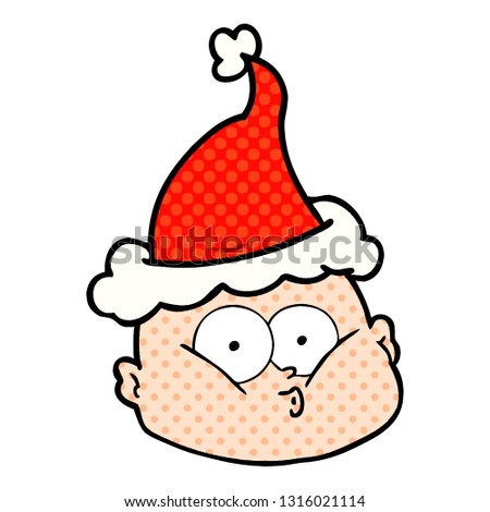 hand drawn comic book style illustration of a curious bald man wearing santa hat