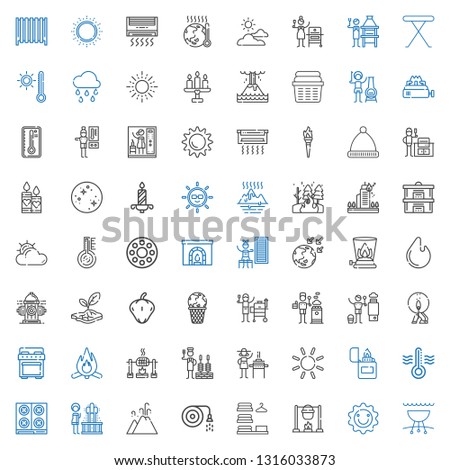 heat icons set. Collection of heat with grill, sun, bonfire, laundry, hose, eruption, geyser, stove, thermometer, lighter, burner, churrasco. Editable and scalable heat icons.