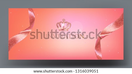 Coral colored elegant card with crown and ribbons. Vector illustration