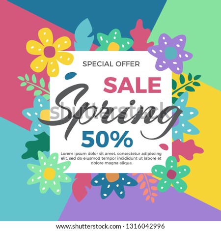 Spring sale banner with flowers. Vector illustration in minimal geometric flat style.