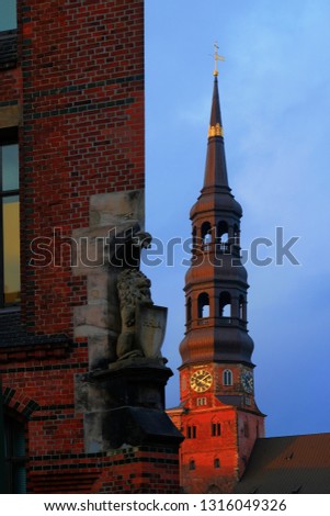 A view of the church of St. Catherines from the Speicherstadt
