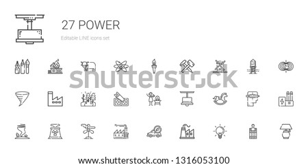 power icons set. Collection of power with ideas, factory, electric car, wind turbine, nuclear plant, tornado, horse, lamp, fire, saw, windmill. Editable and scalable power icons.