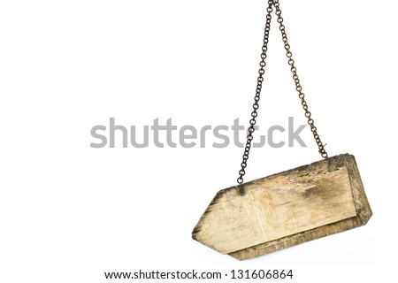 wooden sign with chain on white background