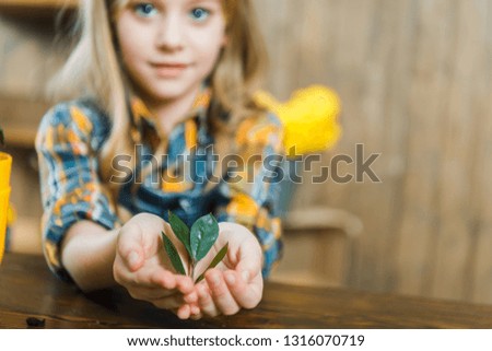 selective focus of green leaves in hands of cute kid 