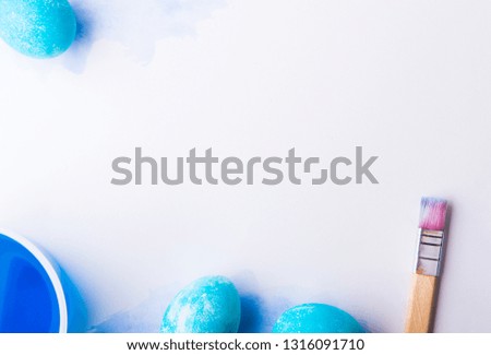 Eggs flat lay on a white background. Easter and spring composition. Copy space.