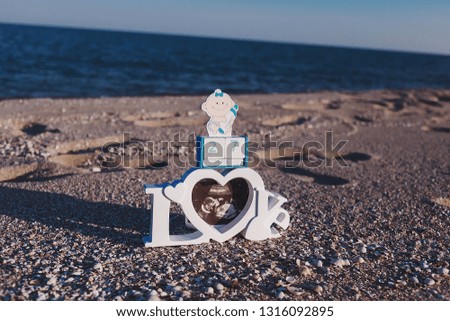 A picture of an ultrasound in a frame stands on the sand by the sea.
