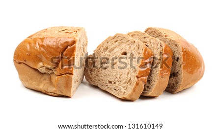 chopped rye bread on white background