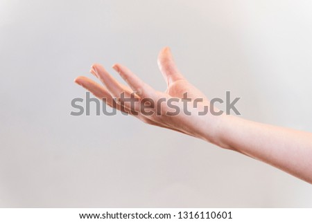 White woman open hand isolated on white background. 