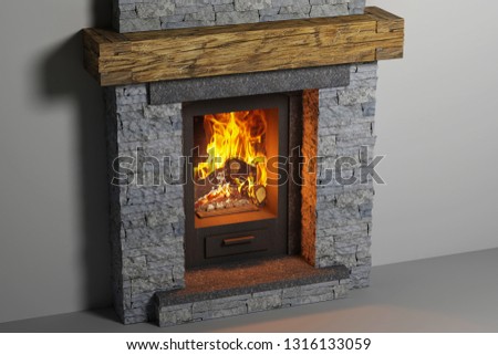 Stone fireplace with fire in home interior
