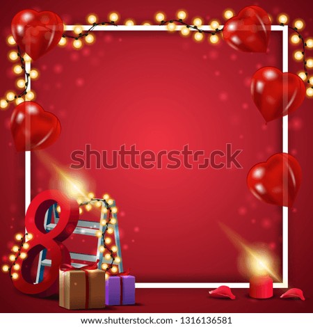 Red postcard template for women's day with balloons in form of heart, garland, frame, gifts and garland