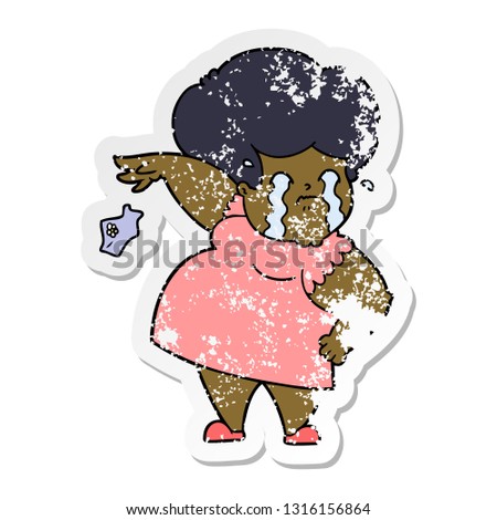 distressed sticker of a cartoon crying woman dropping handkerchief