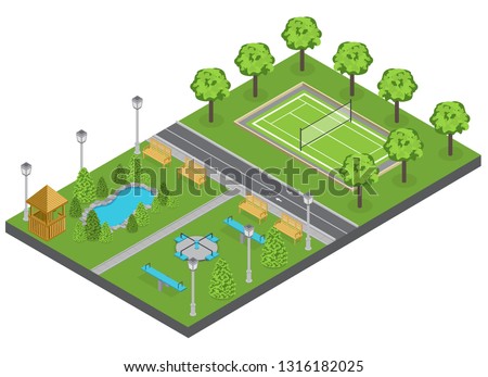 Suburbia park composition with trees pond and sports ground isometric vector illustration