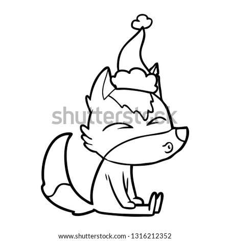 hand drawn line drawing of a wolf whistling wearing santa hat