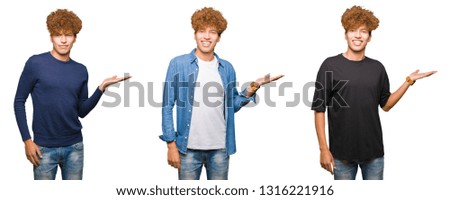 Collage of young men with curly hair over isolated white background smiling cheerful presenting and pointing with palm of hand looking at the camera.