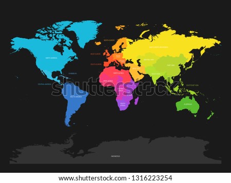 Colorful map of World divided into regions on dark grey background. Simple flat vector illustration.