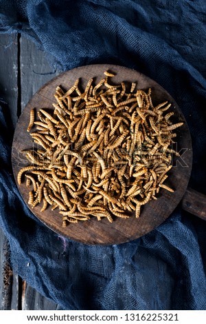 high angle view of a pile of fried worms seasoned with garlic and herbs, on a round wooden tray, on a rustic gray wooden table