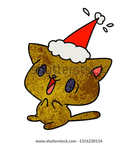 hand drawn christmas textured cartoon of kawaii cat